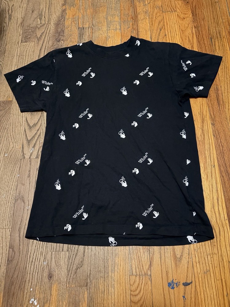 Off-White Men's L Black All-Over Logo Graphic Print Crew Neck Cotton T-Shirt