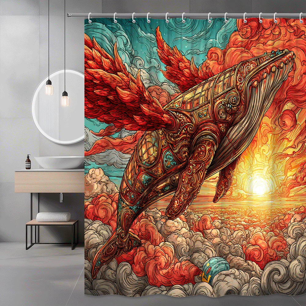 Whale in Sky Shower Curtain, Abstract Ocean Sunset Wall Art