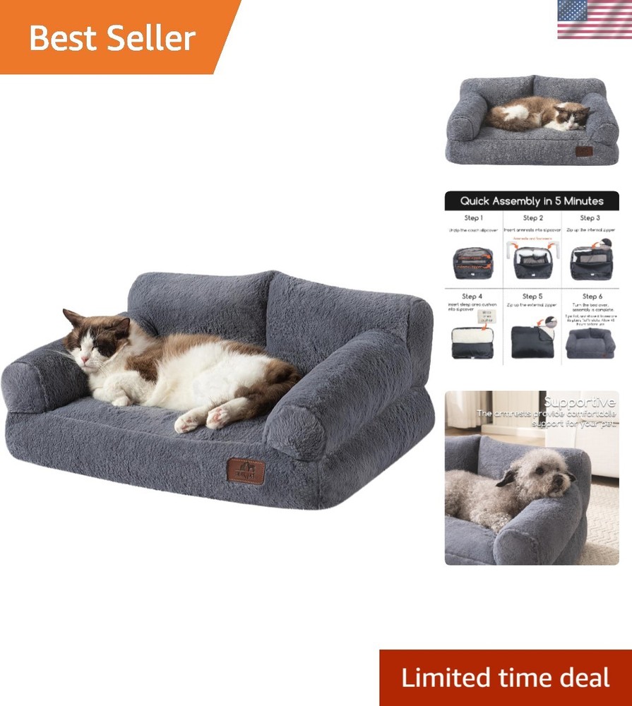 Luxurious Gray Pet Bed Couch for Small Dogs and Cats - 24x18, Machine Washable