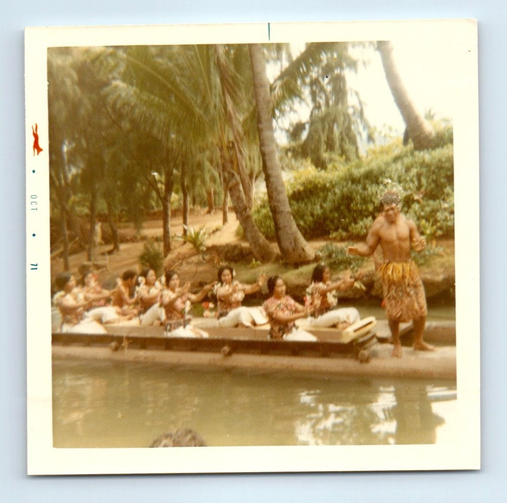 Old Vintage Square Color Photo MEN WOMEN HAWAIIAN POLYNESIAN LUAU BOAT