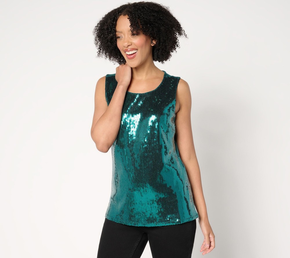 Denim & Co. Women's Top Plus Sz 2X Sequin Front Scoop Neck Tank Green A667801