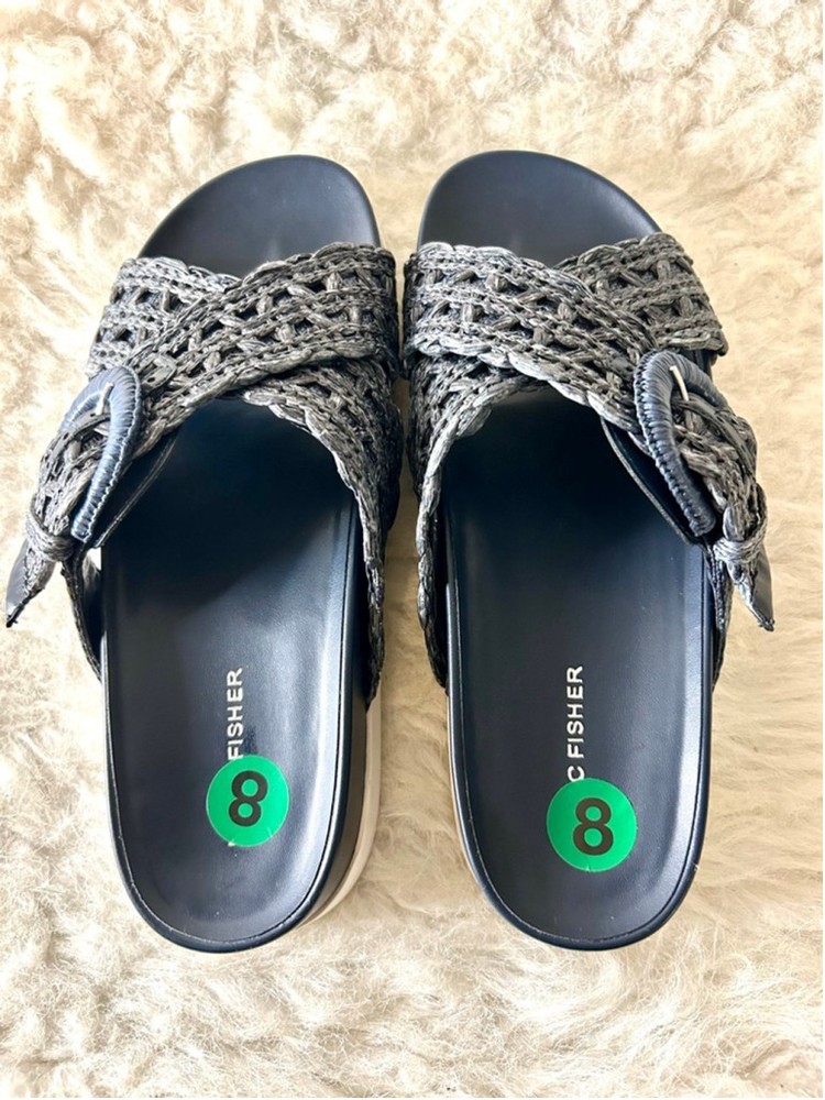 NWOB Marc Fisher Welti Woven Blue Slip On Flat Footbed Sandals Women Size 8M