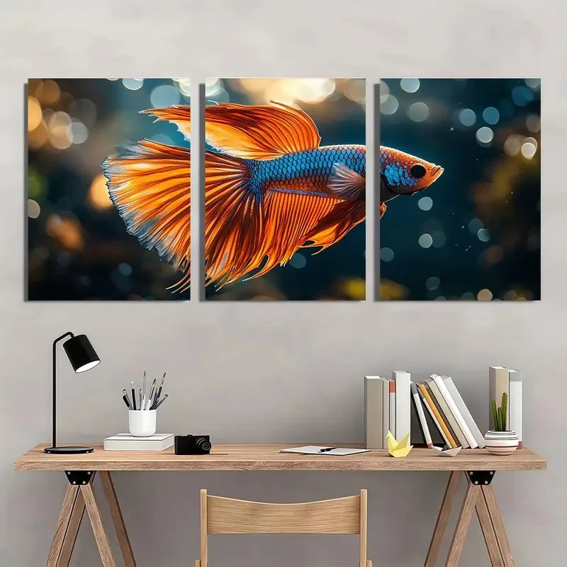 3pcs Colorful Betta Fish Splatter Wall Art Canvas Framed or Unframed