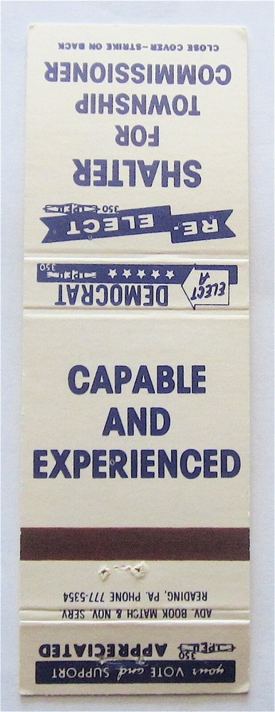 ELECT A DEMOCRAT, SHALTER FOR TOWNSHIP COMMISSIONER MATCHBOOK COVER