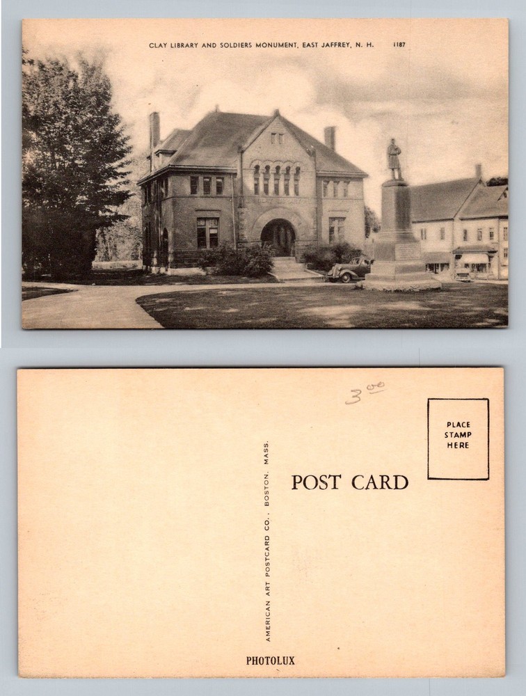 East Jaffrey, NH-New Hampshire, Clay Library Soldiers Monument Vintage Postcard