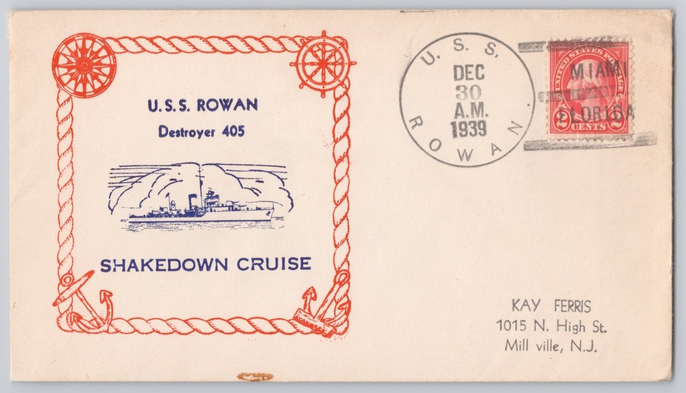 U.S.. Rowan — Shakedown Cruise cachet, Portsmouth Naval Club, — 1939