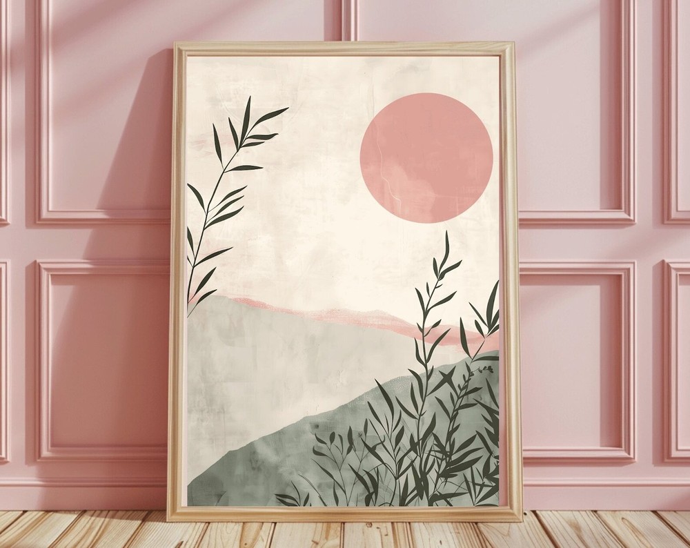 Large Pink Minimalist Japandi Wall Art Boho Botanical Print Gift For Plant