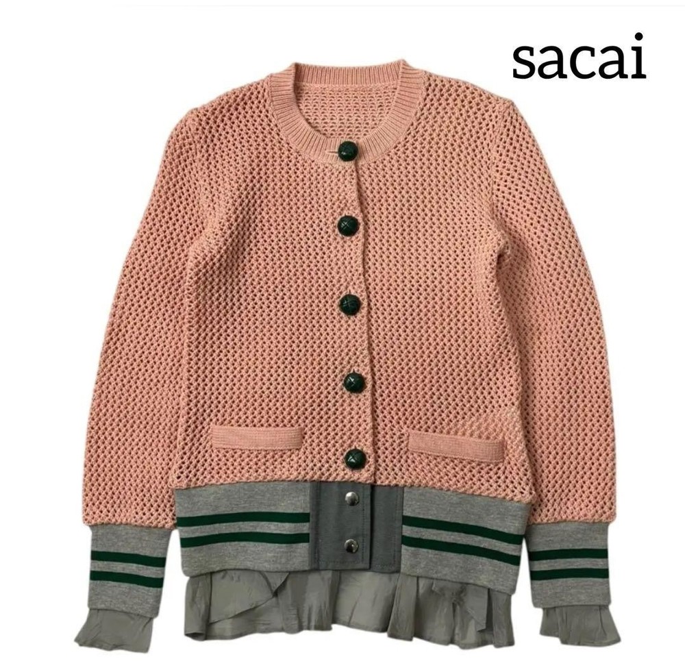 sacai Pink Gray Knit Cardigan S Cotton Blend Excellent Condition