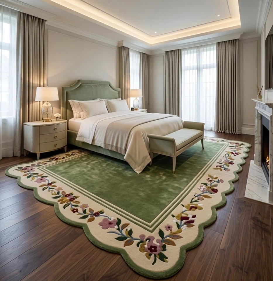 Luxury Hand Tufted Green Floral Border Area Rug – Premium Wool Carpet for Living