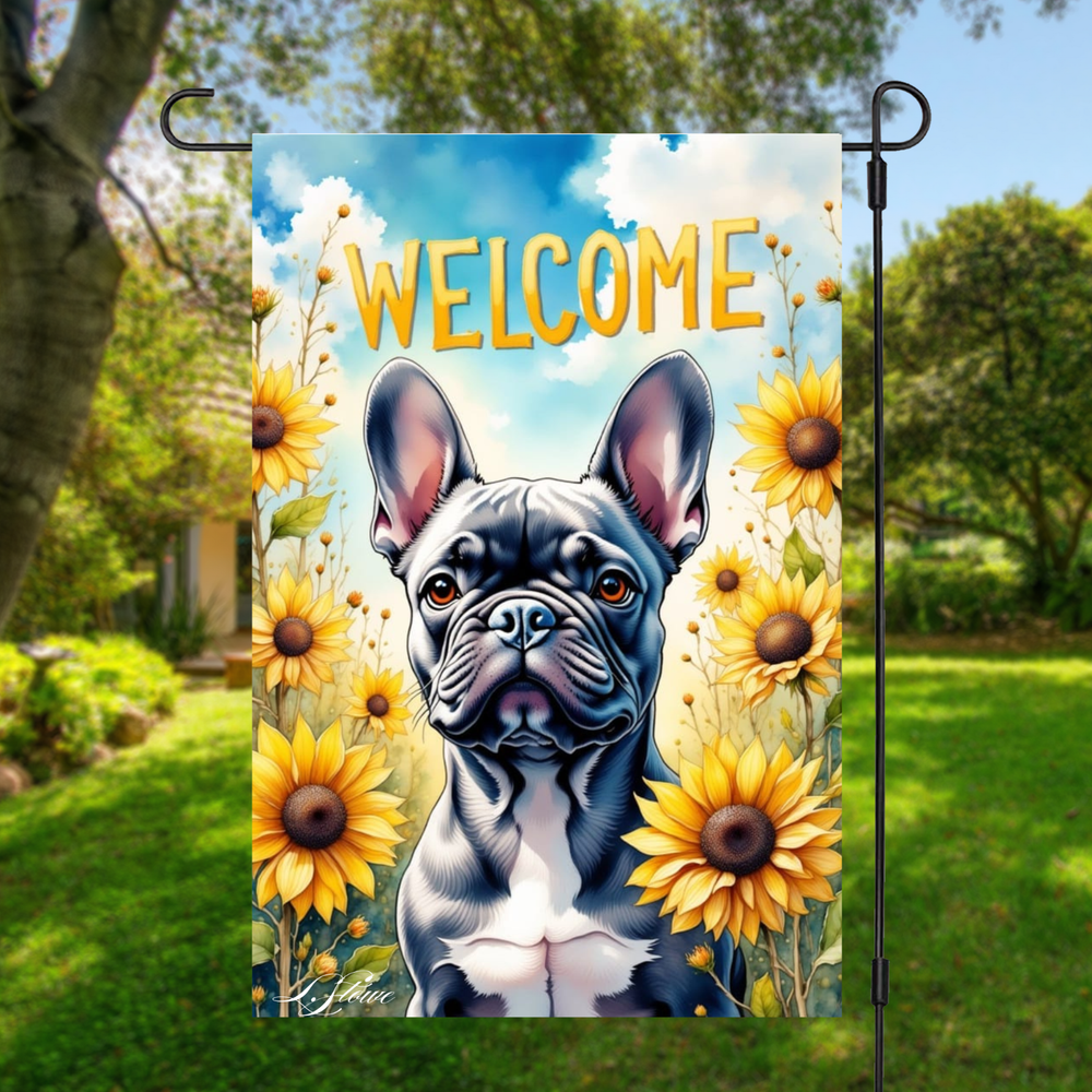 Blue French Bulldog Sunflowers Double-Sided Garden Flag 12x18 Yard Art