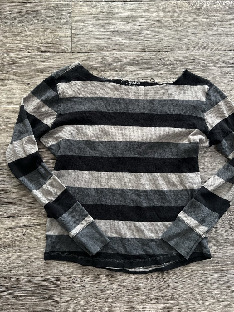 SUSAN Striped Knit Cotton Pullover Long Sleeve Boat Neck Top Gray Black Beige S