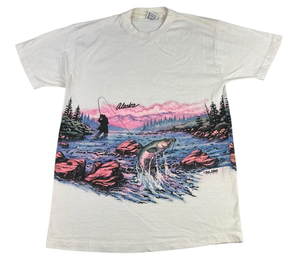 Vintage 90s Fishing Alaska Wrap Around Nature Single Stitch T-Shirt Large 1990