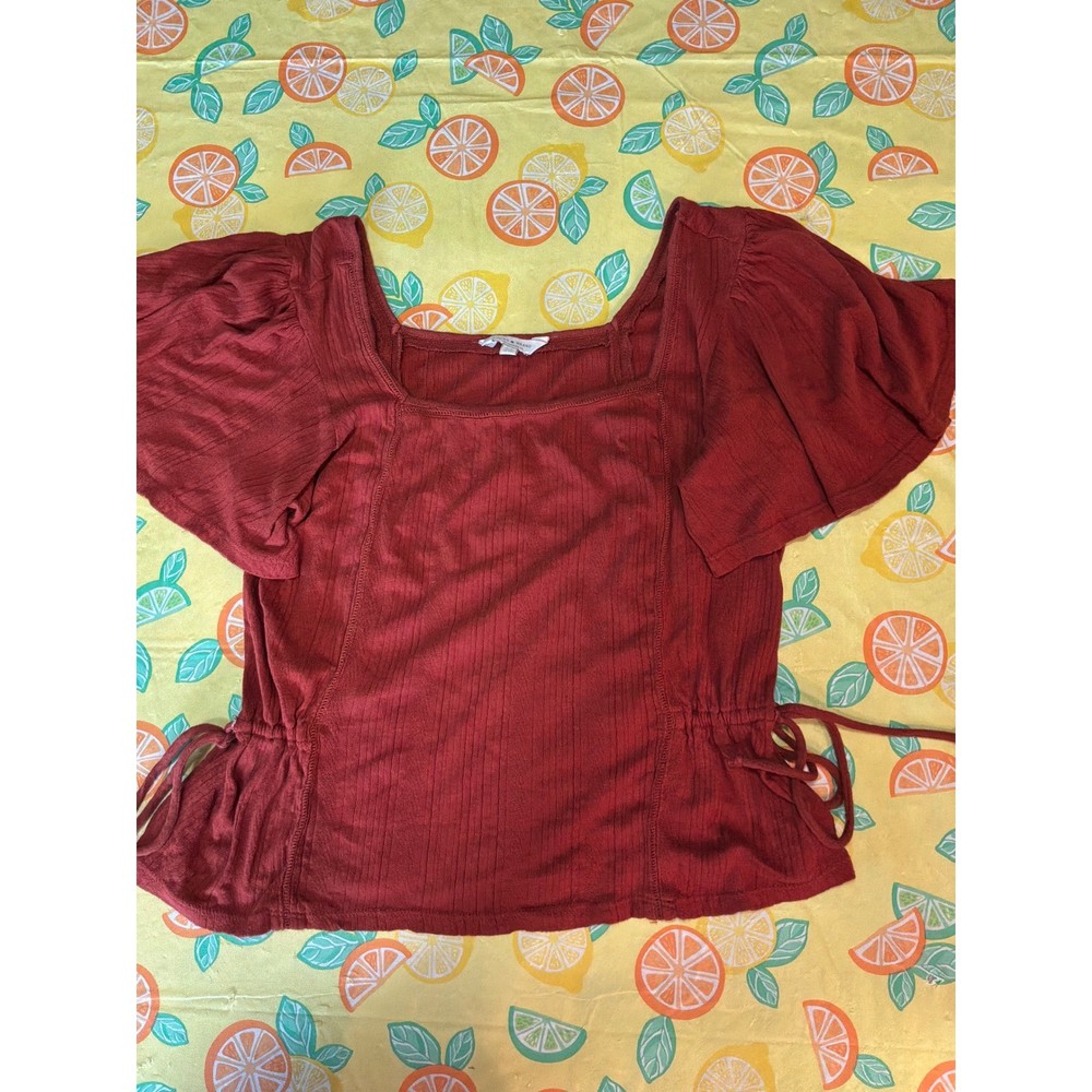 Lucky Brand Flutter Sleeve Side Tie Top Womens Size Small Brick Red