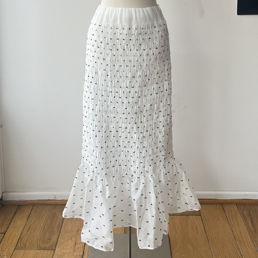 Polka dot smocked maxi skirt w/ ruffle