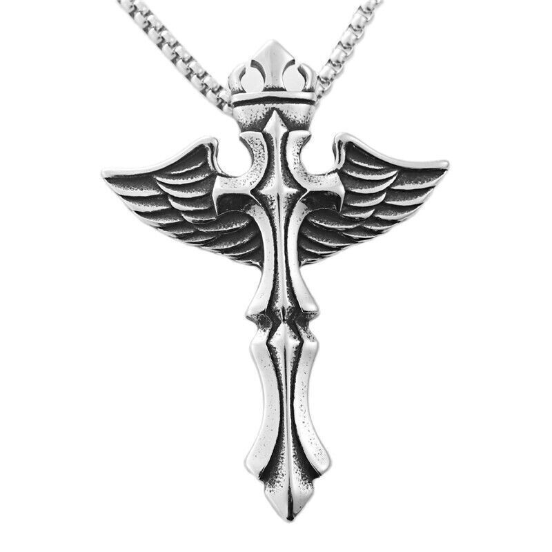Punk Men's Womens Fashion Stainless Steel Angel Wings Cross Pendant Necklace 24