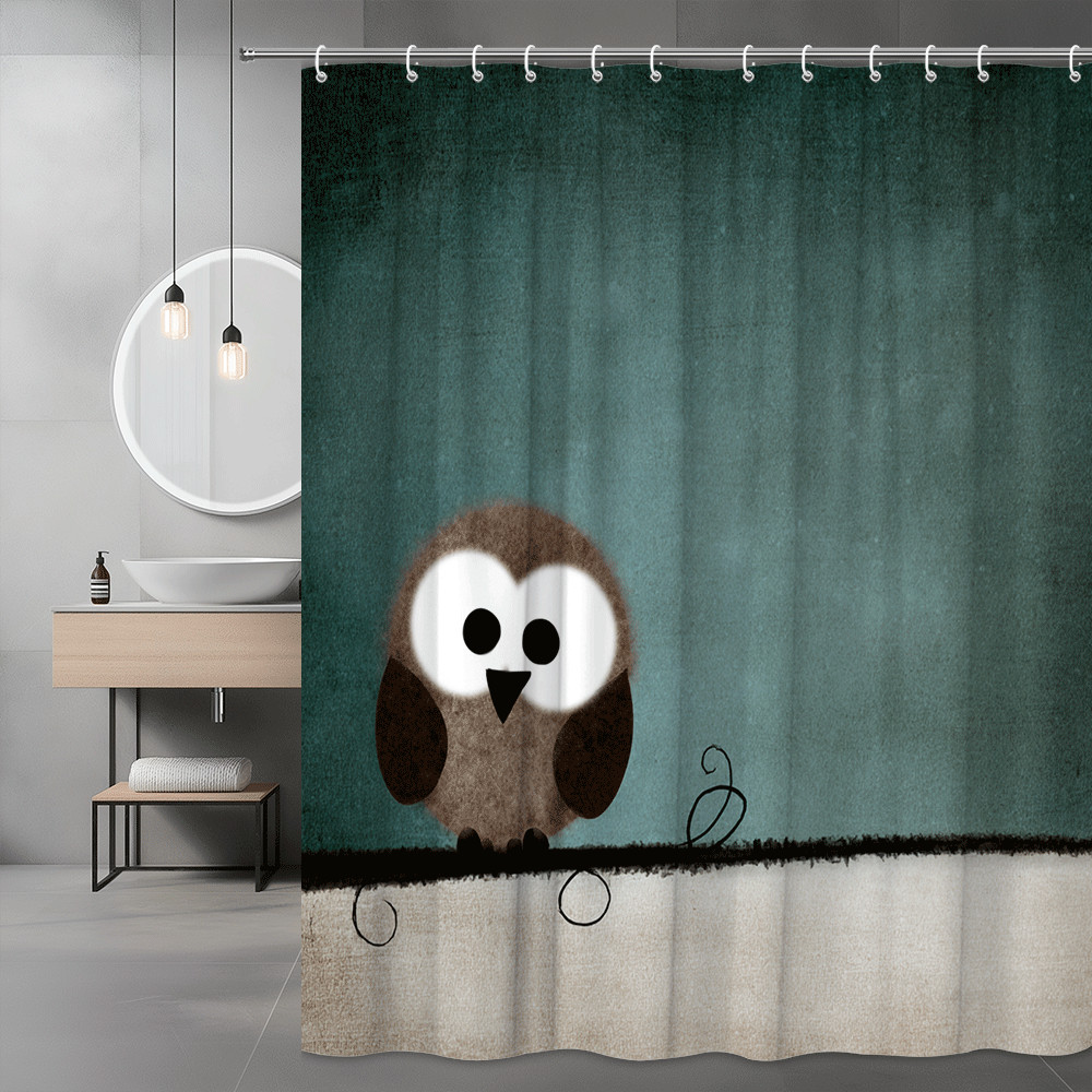 Owl Shower Curtain Blue Green Cute Cartoon Print