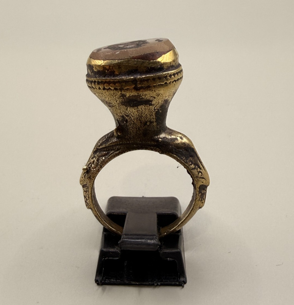 Ancient Bronze Ring With Intaglio Stone Near Eastern Face Engraved