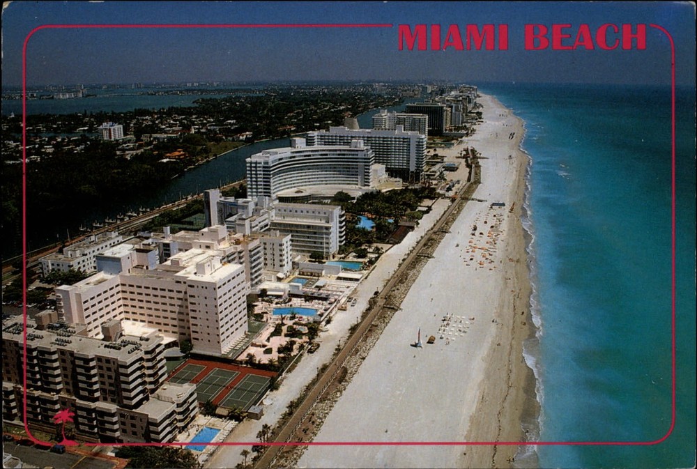 Miami Beach Florida swimming pools hotels aerial view ~ vintage postcard