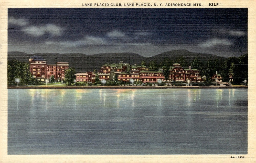 1930s Lake Placid Club Lake Placid NY Adirondack Mts Linen Night View Postcard