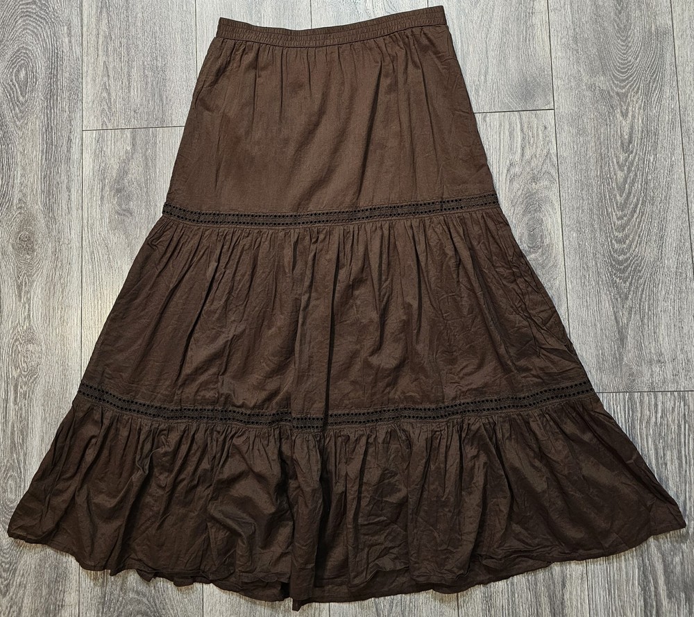 Vintage Y2K Old Navy Lined Tiered Midi Skirt Brown Women's Size Sm Elastic Waist