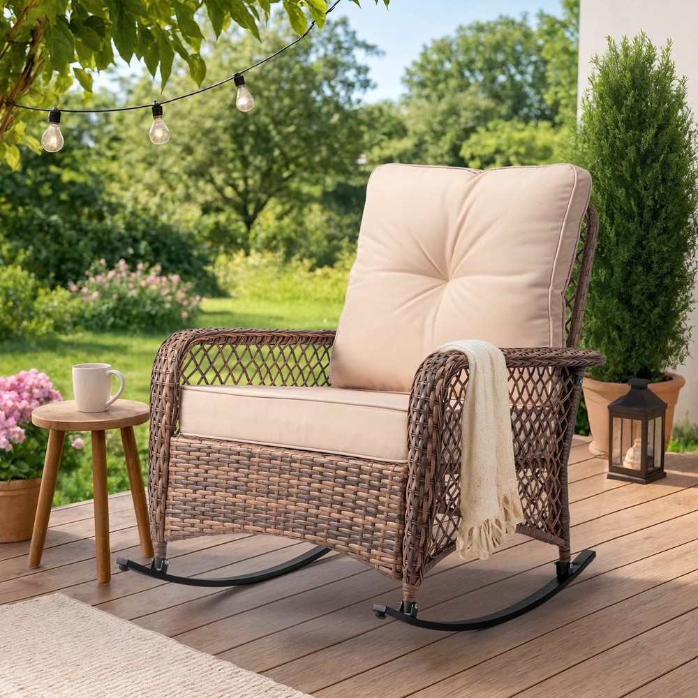 1 PCS Wicker Patio Rattan All-Weather Rocker Chair with Cushions for In/Outdoor