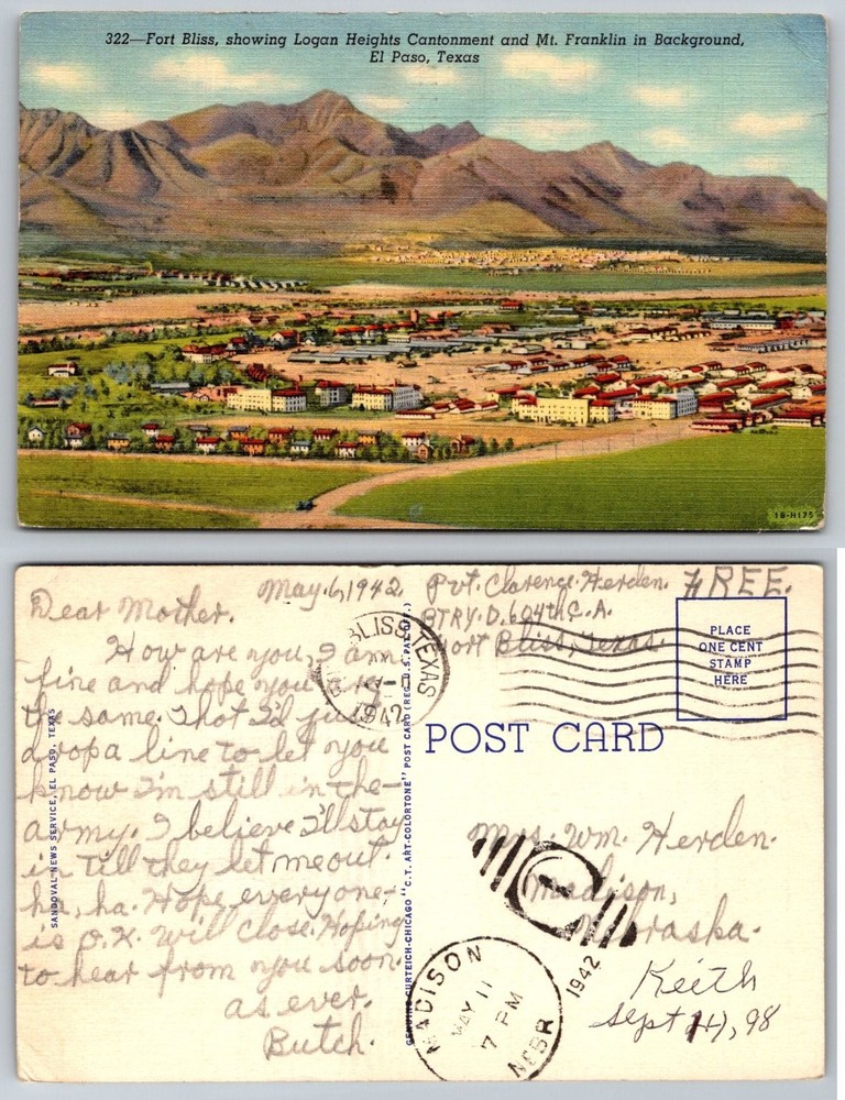1942 Fort Bliss El Paso TX Logan Heights Mt Franklin Art-Colortone Postcard