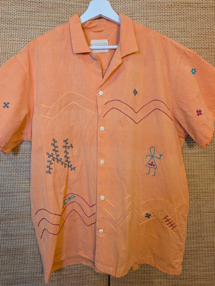 Harago Handwoven Cotton Orange Men's Short Sleeve Shirt Unique Embroidered