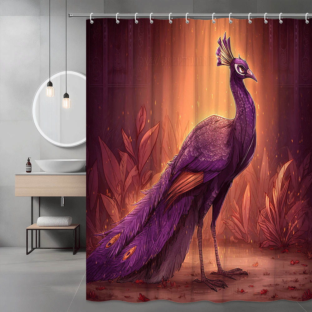 Purple Peacock Shower Curtain, Fantasy Bird Floral Art Print