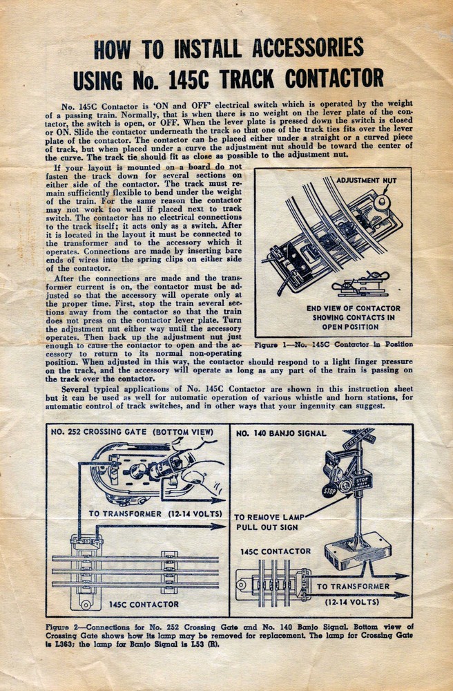 Lionel Train Operating Instructions for 145C Track Contactor Accessories 1957
