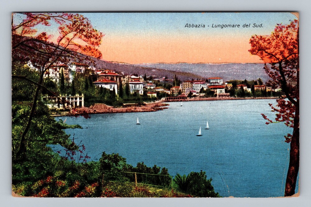 Croatia- Abbazia Waterfront Promenade Souvenir Postal Card Old Vintage Postcard