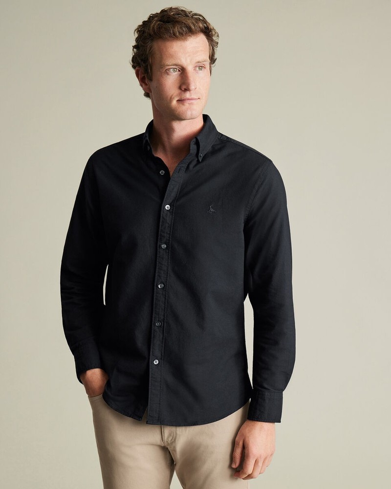 NEW Charles Tyrwhitt Black Stretch Washed Classic Fit Oxford Shirt Size L