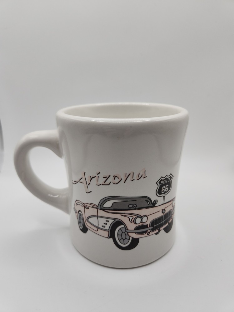 Vintage Route 66 Arizona Souvenir Coffee Mug C1 Corvette Diner Style Heavy White