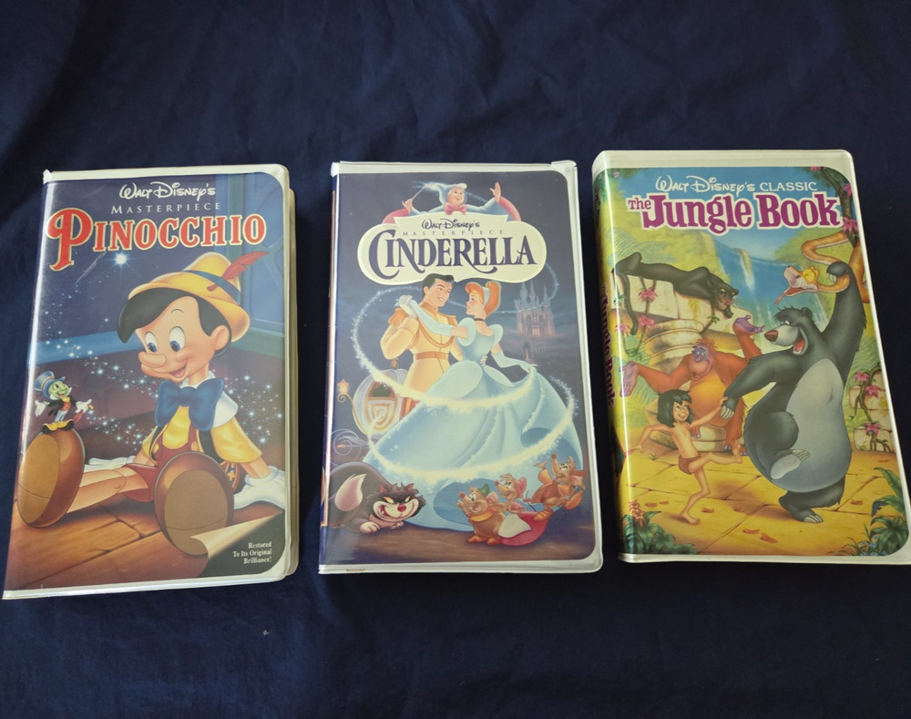 Walt Disney VHS Tapes, Lot of 3, Pinocchio, Cinderella, and Jungle Book, Good!