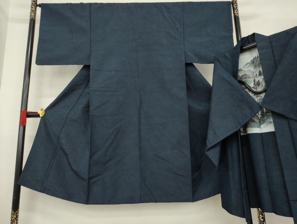 Vintage Japanese Mens Kimono & Haori Jacket Set Tsumugi Silk Iron Blue