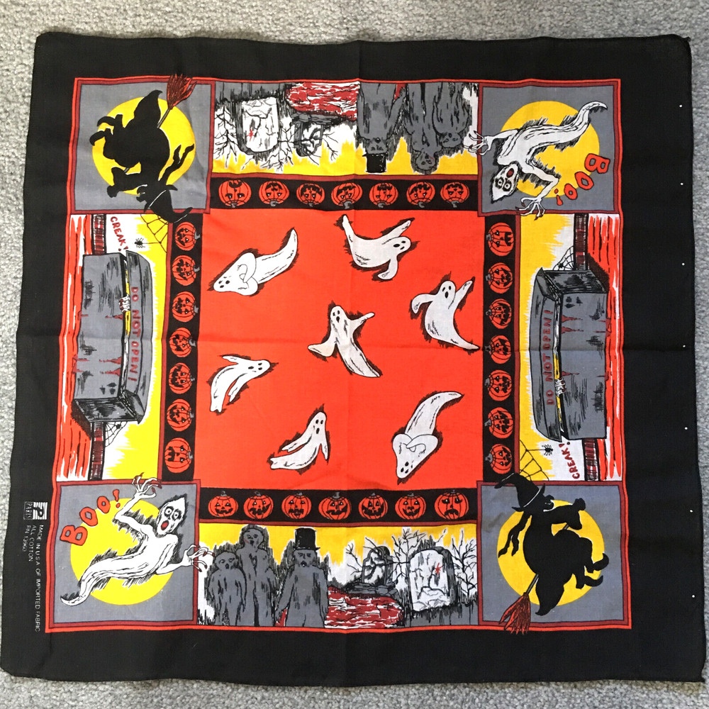 Vintage Paris Cotton Halloween Bandana Ghosts Ghouls Witches Coffin Pumpkins USA