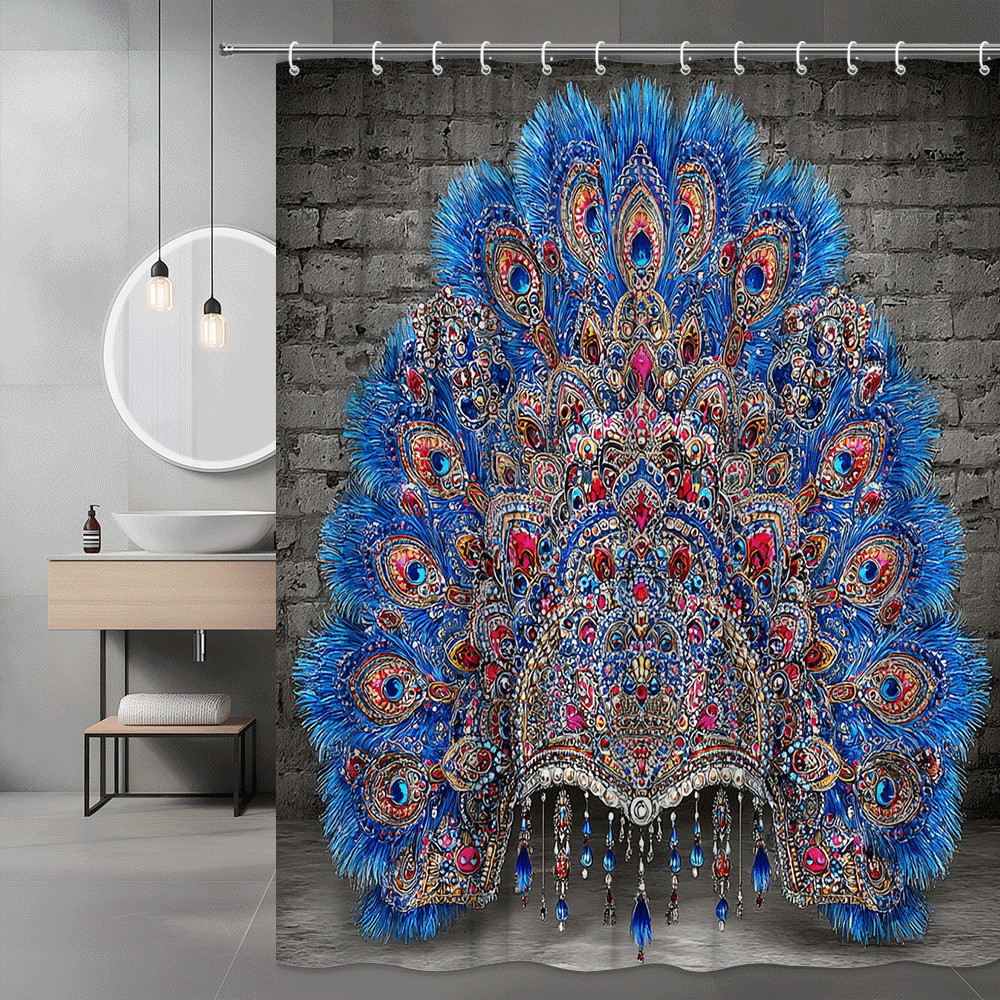 Peacock Feather Graphic Shower Curtain Blue Pink Mandala
