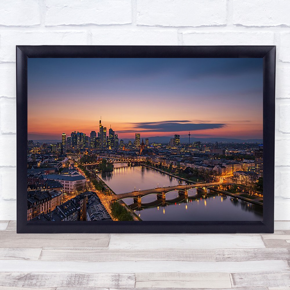 Frankfurt Skyline at sunset City Germany Skyscrapers River Clouds Wall Art Print