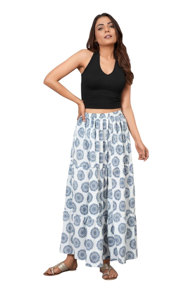 Women Floral Hand Block Printed 100% Cotton Maxi Long Skirt with Elastic Waist