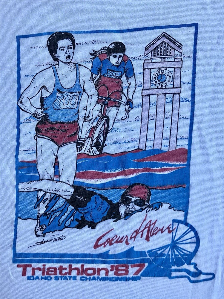 Vintage 1987 White Coeur d’Alene Triathlon T-shirt Single Stitch Short Sleeve