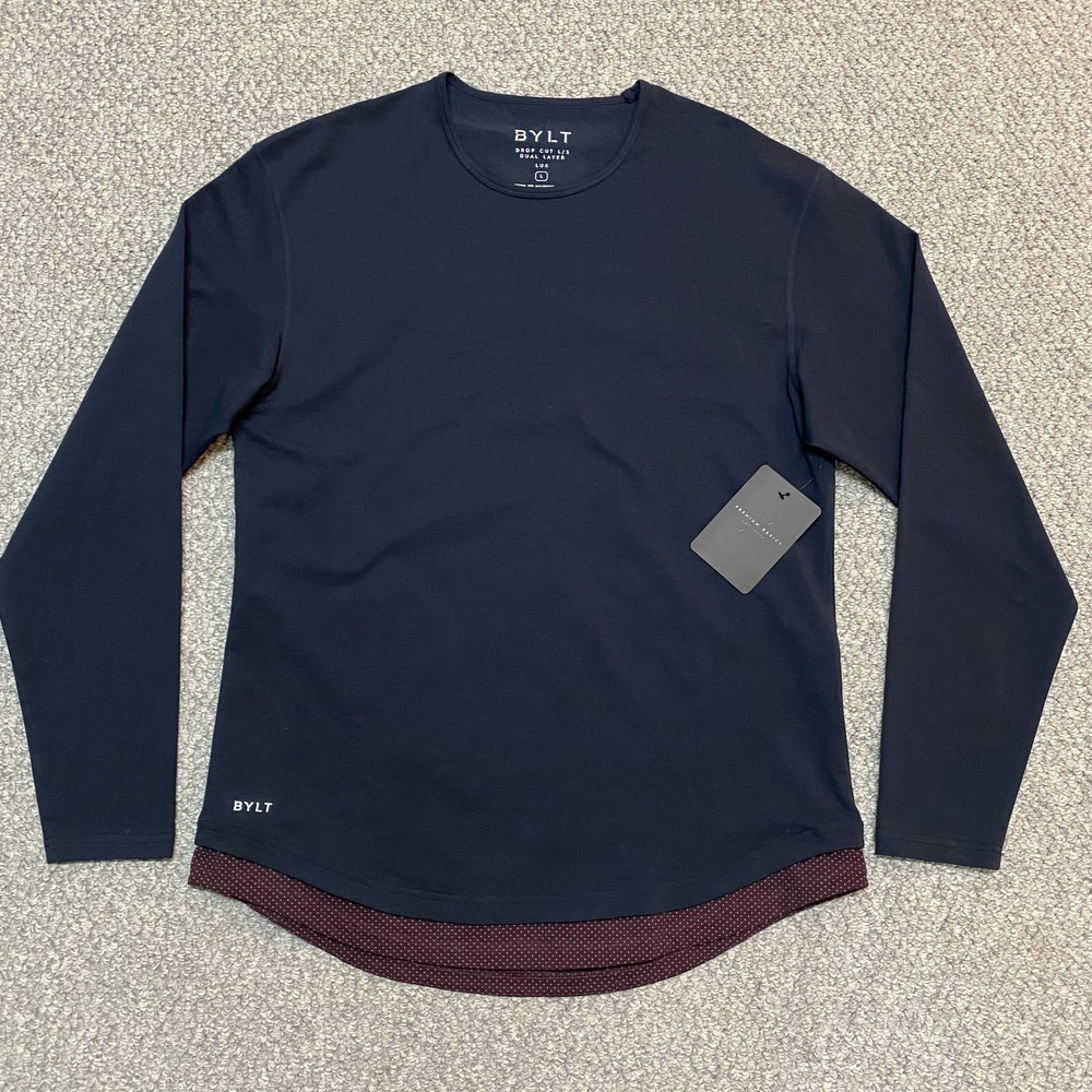 New BYLT Mens Premium Basic Shirt Long Sleeve Navy Drop Cut Dual Layer Lux Large