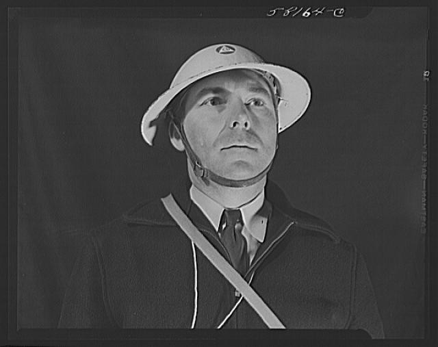 Photo:Civilian Defense Man in Helmet 1940s United States