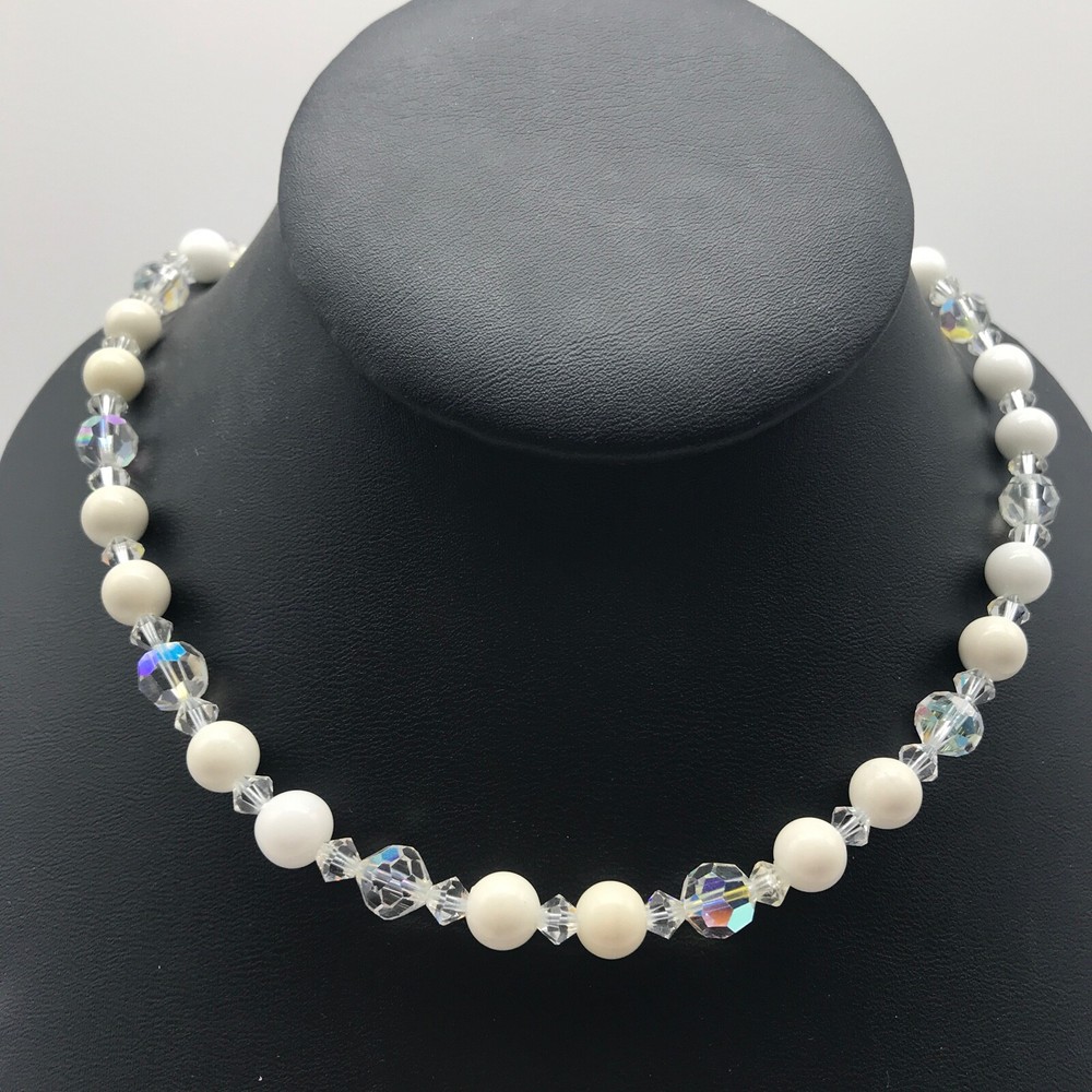 Vintage Milk White Glass AB Aurora Borealis Crystal Beaded Ladies Necklace