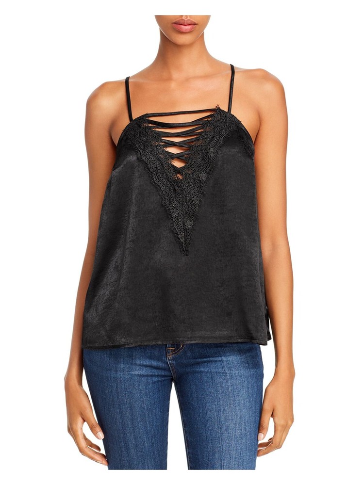 AQUA Womens Black Lace Square Neck Spaghetti Strap Top in XS