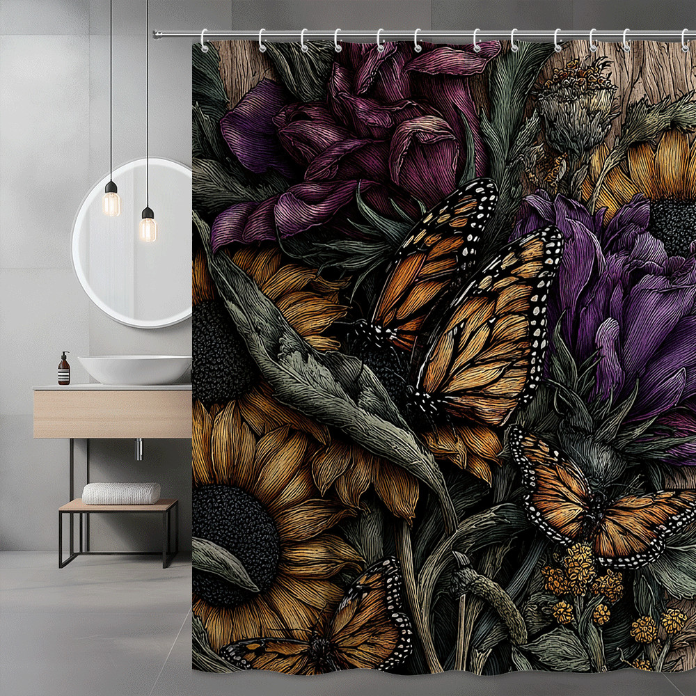 Butterfly Floral Shower Curtain Sunflower Purple Orange Print