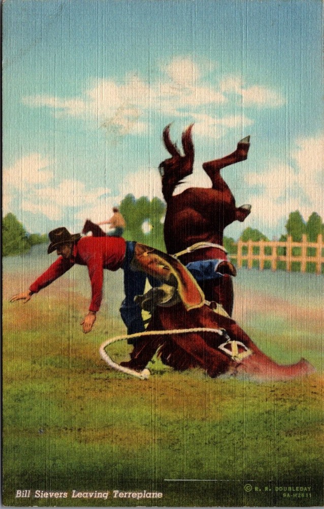 Vintage Bill Sievers Rodeo Cowboy Bucking Horse Linen Postcard Curteich
