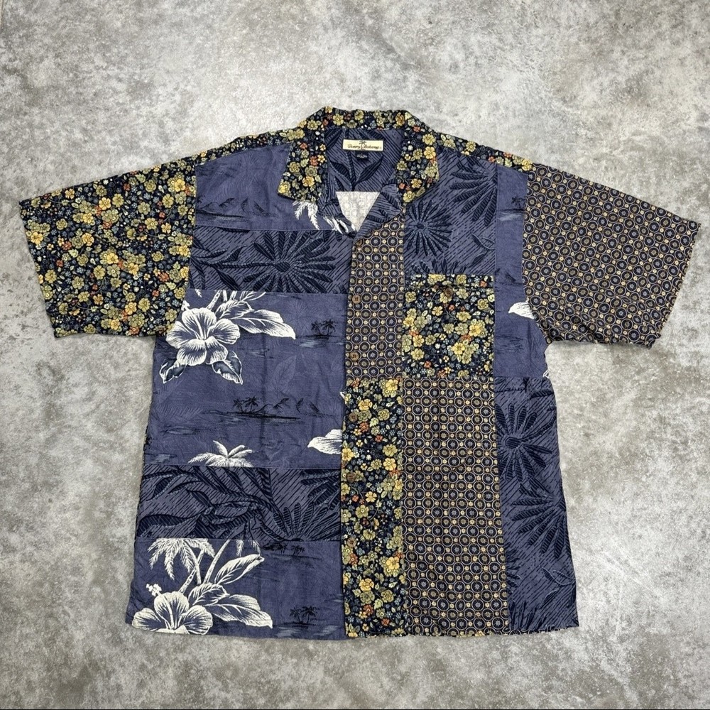 Tommy Bahama Shirt Mens Large Blue Silk Patchwork Floral Hawaiian Button Up Camp