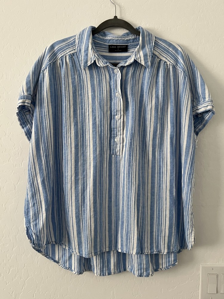 Lane Bryant Women Size 18 Blue White Striped Linen Blend Short Sleeve Button Up