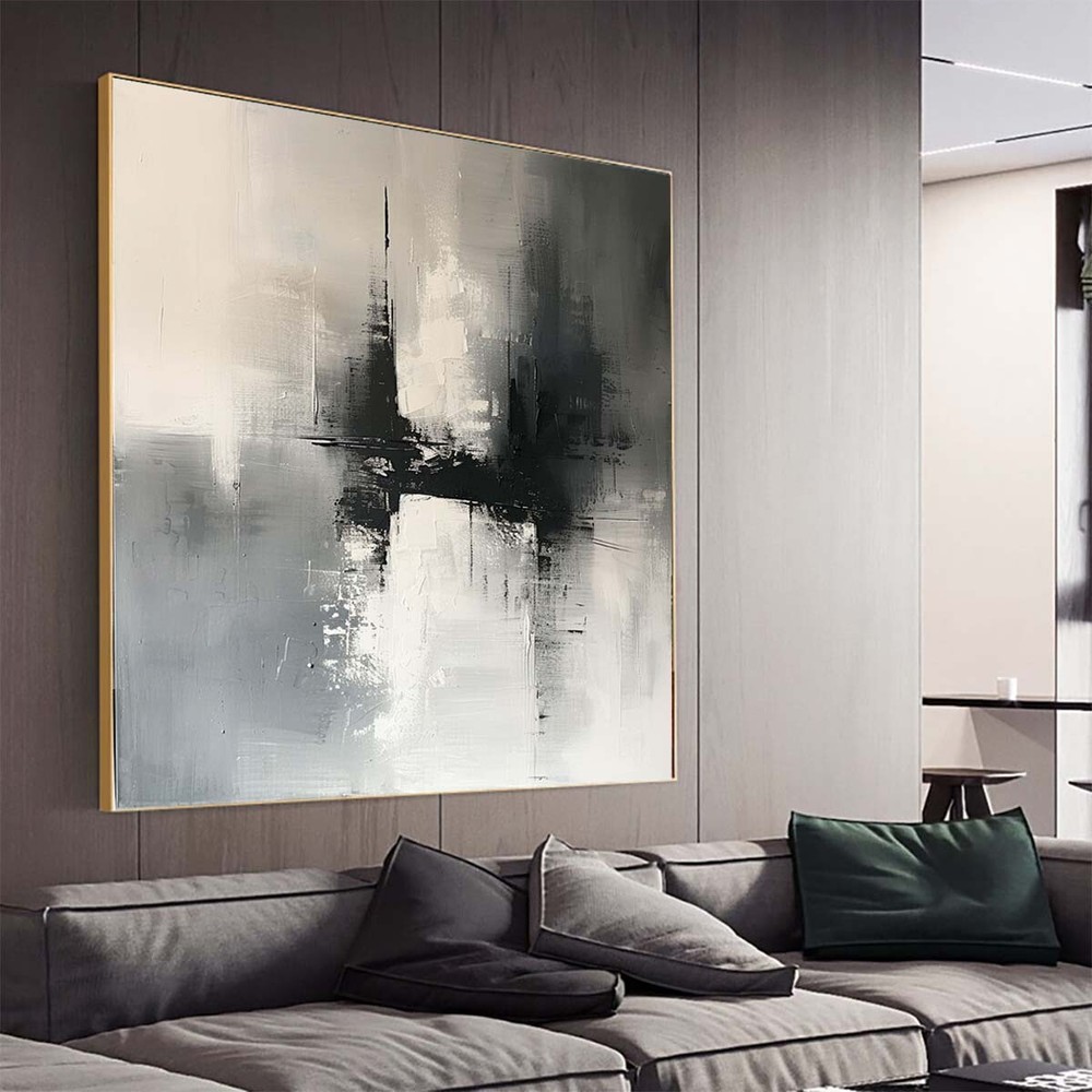 Modern Handmade Abstract Oil Painting on canvsa Living Room Black Gray Solitude