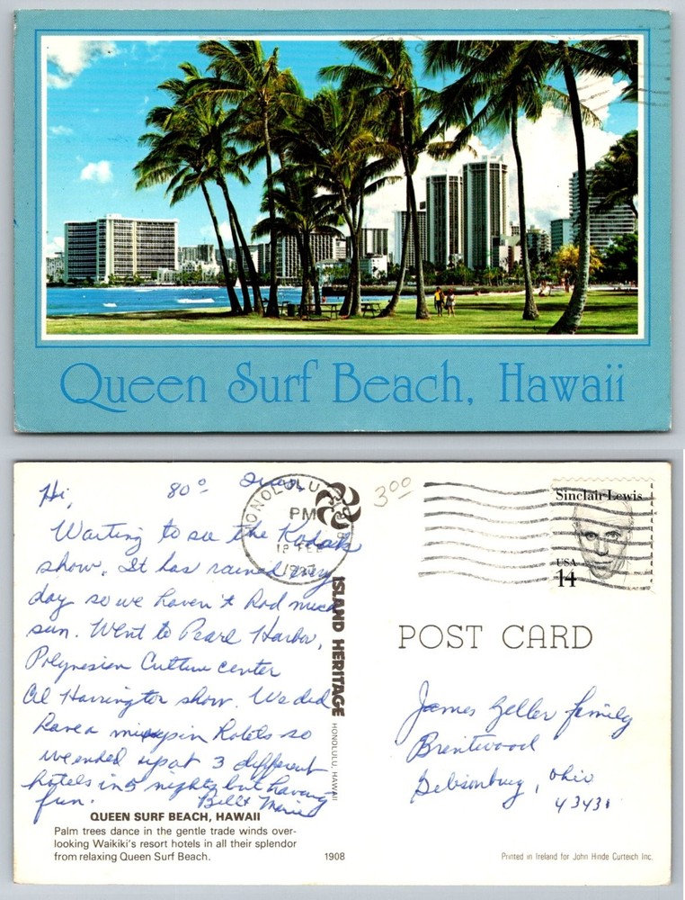 Vintage Queen Surf Beach Hawaii Postcard, Waikiki Palm Trees, Honolulu 1988