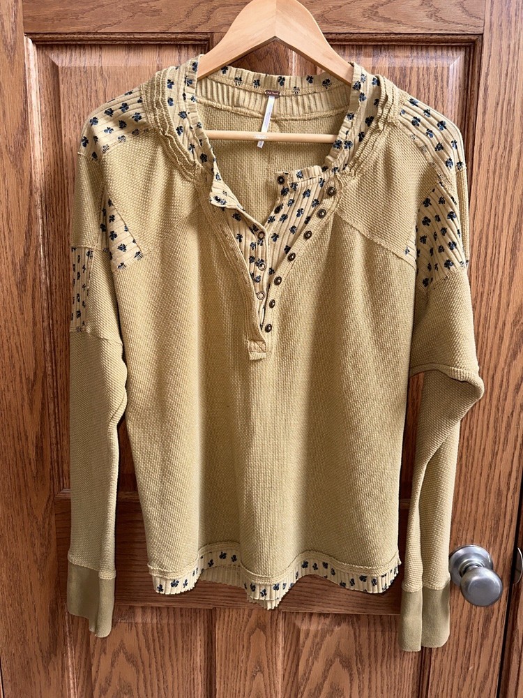 Free People Heart To Heart Henley Shirt Floral Top Thermal Golden Palm Boho S